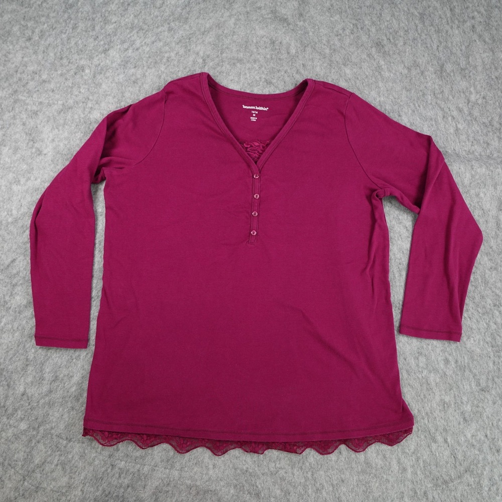 Woman Within Top Women 14/16 Magenta Lace Trim Henley Long Sleeve V Neck Shirt